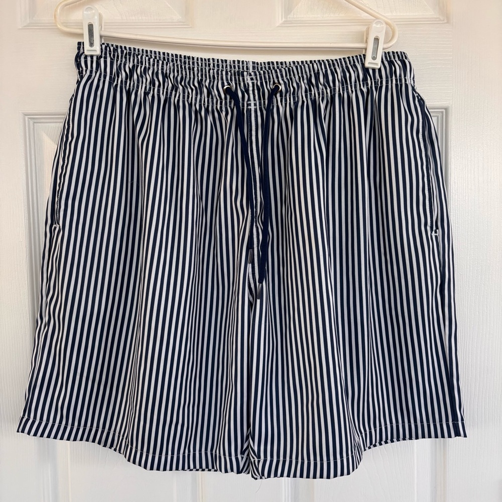 Striped Navy & White Men's Swim Board Shorts with Drawstring